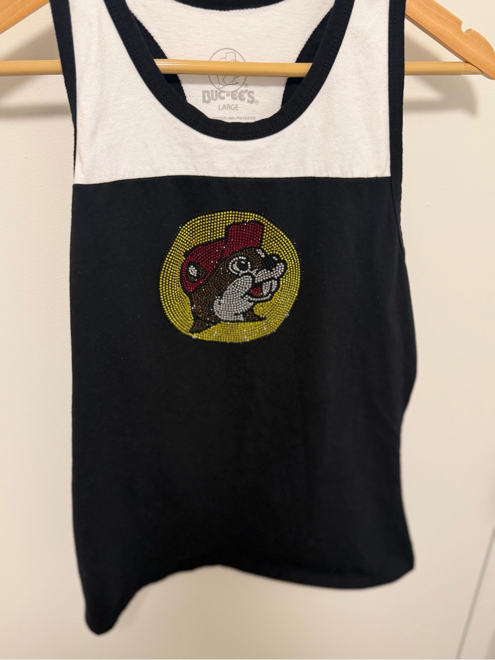 Buc-ee's Rhinestone Beaver Logo Racerback Tank - Black Yellow & Red Logo size L